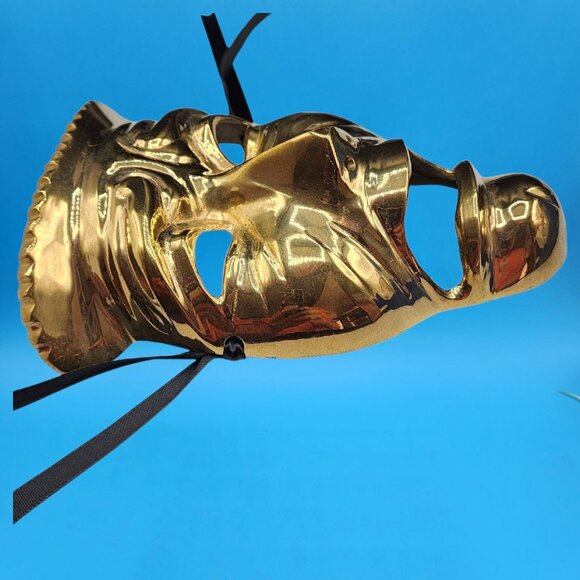 Vintage 1970s Brass Tragedy Death Mask Wall Art Gothic Theater Drama Prop Ribbon - Picture 5 of 8